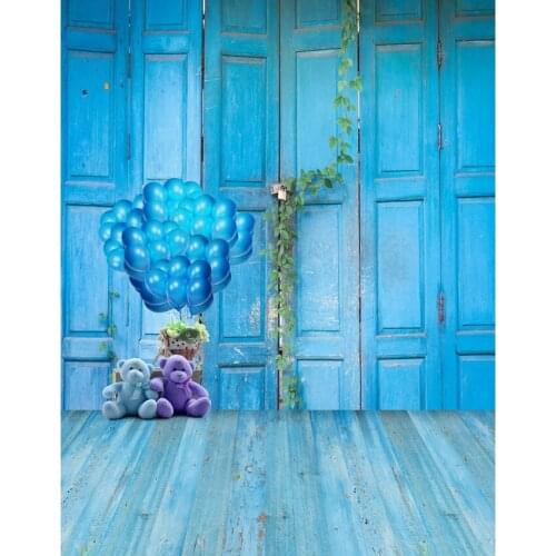 Blue Portrait Door Photography Backdrops Wooden Floor 3D Backgrounds for Studio Children Kids Photo Shoot Vinyl Cloth Customized