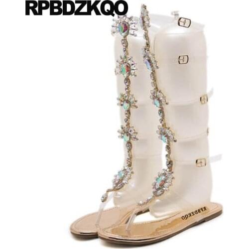 Women 11 Flat Big Size Shoes Rhinestone Gladiator Sandals Thong Transparent Pvc Strap Up Boots Crystal Diamond Knee High Jewel