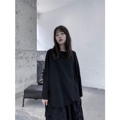 Large Yamamoto dark style solid color T-shirt womens new fashion in autumn 2021 loose and versatile round neck long sleeve top