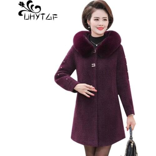 UHYTGF Autumn winter coat female Quality mink cashmere wool jacket luxury fur collar hooded warm women coat 5XL Plus size 1186