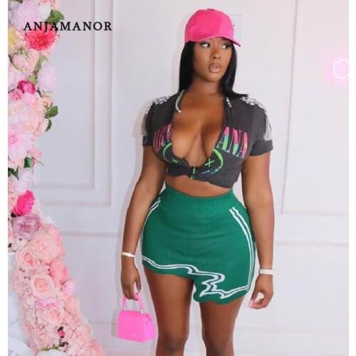 ANJAMANOR Sexy Asymmetrical High Waist Mini Skirts Womens 2021 Fashion Printed Ribbed Knitted Bodycon Skirt Clubwear D74-CA17