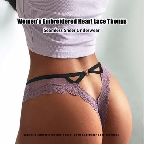 Womens Embroidered Heart Lace Thongs Panties Seamless Low Waist Sexy Seamless Sheer Underwear