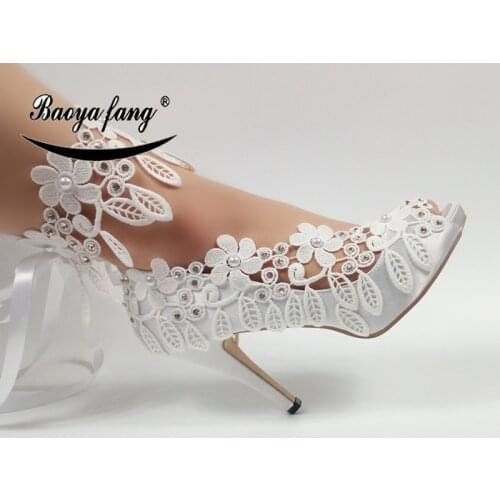 BaoYaFang New Lace-Up fashion shoes For woman White Flower Wedding shoes Ankle Strap High shoes Party dress shoe