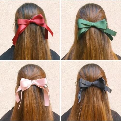 Women Bowknot Ribbon Hair Clips Solid Color Streamer Bow Clip Satin Summer Hair Accessories Girl Handmade Barrette Hairgrips
