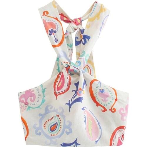 2021 Womens Fashion Sexy Backless Creamy-white Printing Short Sling Sleeveless Knot Decoration Vintage Female Top