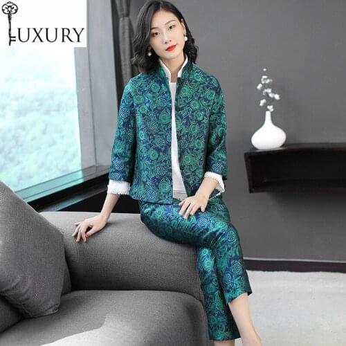 Sets Tracksuit 2020 Fashion for Women Vintage Jacquard Print Jacket Coat+Ankle-Length Skinny Pants & Capris Set Female Suits