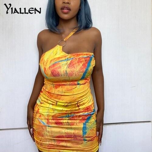 Yiallen New Elegant Aesthetic Print Mini Dress Women Sleeveless Round Buckle One-Shoulder Diagonal Collar Hot Club Female Wear