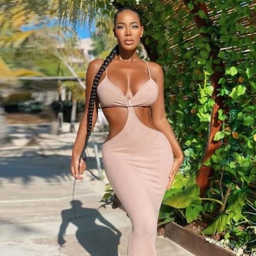 Adogirl Women Hollow Out Solid Dress Sexy Backless Spaghetti Strap Summer Dresses Elegant Beach Vacation Outfits Vestidos