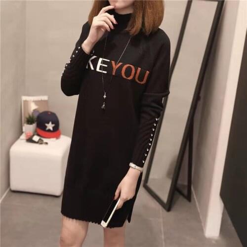 Korea Style Womens Sweater Dress Autumn Winter Fashion Half Turtleneck Letter Beading Decor Knitted Warm Mini Dress For Women