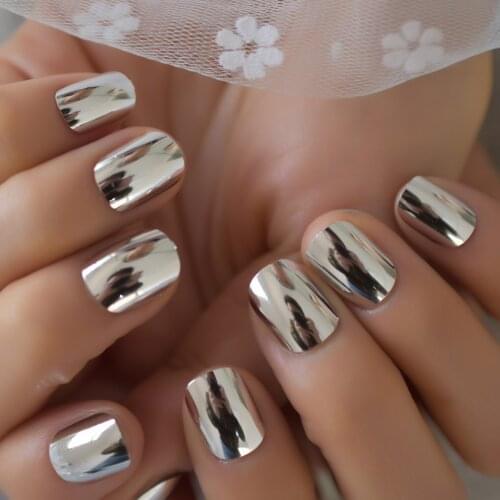 24pcs Short Round Mirror Fake Nails Metallic Silver Full Cover Professional Fingernail Round Adult False Nails