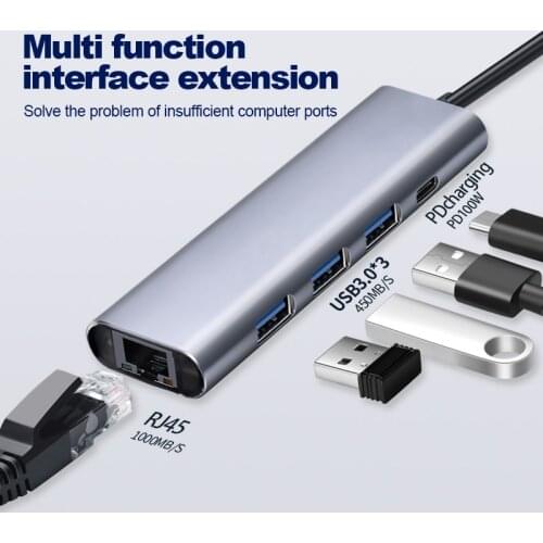 5-in-1 Type C Hub 5 Port Hub with 3*USB3.0 65W PD fast charging Ports Gigabit Ethernet Adapter macbook pro pc accessories
