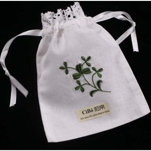 B016：12pieces White Ramie Cotton White Ramie Cotton Lace pocket mouth embroidery Gift Sachet bags Travel storage pouch Drawstri