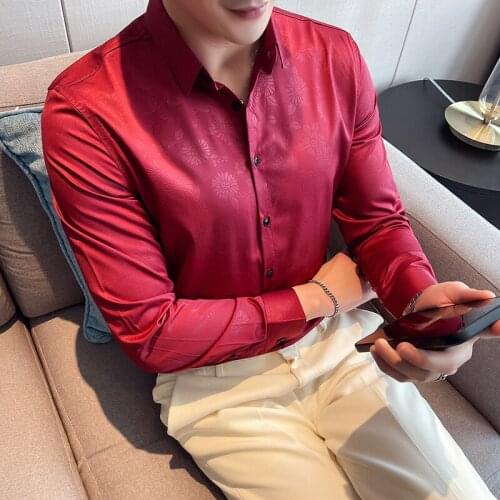 Plus Size 4XL-M Luxury Dark Print Shirt Men Clothing 2021 Simple Slim Fit Long Sleeve Casual Office Blouse Homme Business Formal