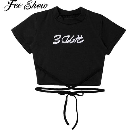 Kids Girls Fashion Round Neck Short Sleeves Letters Print Sash Self Tie Crop T-shirt Dance Tops for Hiphop Jazz Modern Dance Top