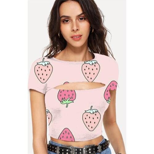 Somepet Strawberry T shirt Women Lovely Shirt Print Harajuku T-shirts 3d Colorful Hollow Out T shirts Short Sleeve Sexy Fashion