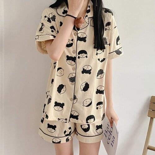 Cotton Summer Short Sleeve Pajamas Set for Women Sleepwear Cute Print Pyjamas Pajama Set Loose Home Clothes 2021 New