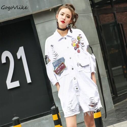 2020 White Jean overalls women Badges Tassel Hole denim jumpsuit Casual loose jeans ribbon salopette loose playsuit LT440S20
