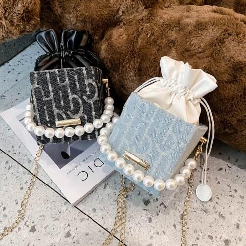 Fashion Square Box Drawstring Women Shoulder Bags Vintage PU Leather Female Pearl Chain Small Crossbody Handbags
