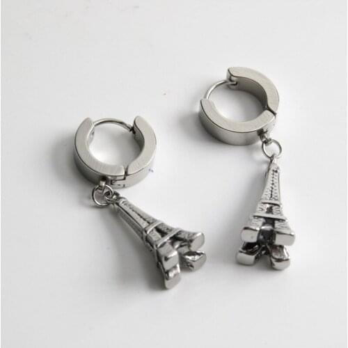 Trendy Simple Personality French Eiffel Tower Earrings Silver Color Titanium Steel Earrings Mens and Womens Hip Hop Earrings