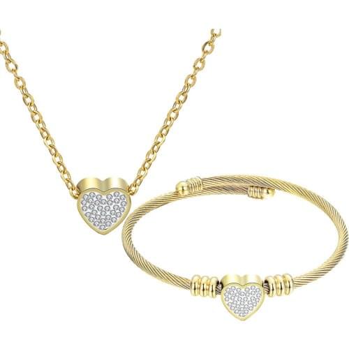 Trendy Titanium Steel Ladies Bracelet Necklace Set Ladies Stainless Steel Open Bracelet Heart Pendant Braided Jewelry Set