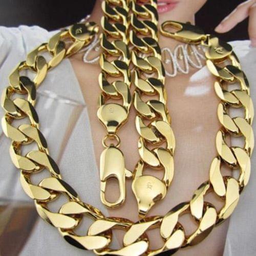 Mens Hip Hop Jewelry Set Yellow Gold Filled Cuban Curb Link Chain Necklace+ Bracelet Sets (24"+9")