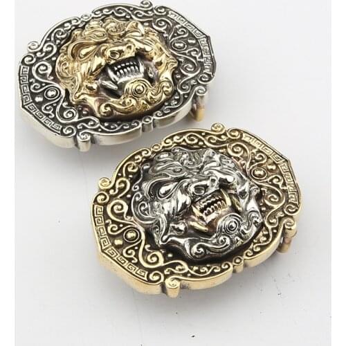 New brass solid belt buckle mens belt buckle smooth buckle Taotie grimace manual plate buckle 4.0cm