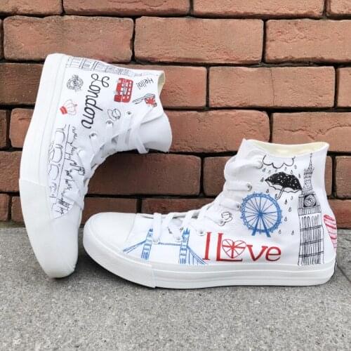 Wen Canvas Shoes Original Custom London Landmarks Design Hand Painted Shoes White Men Womens Skateboard Shoes High Top Flats