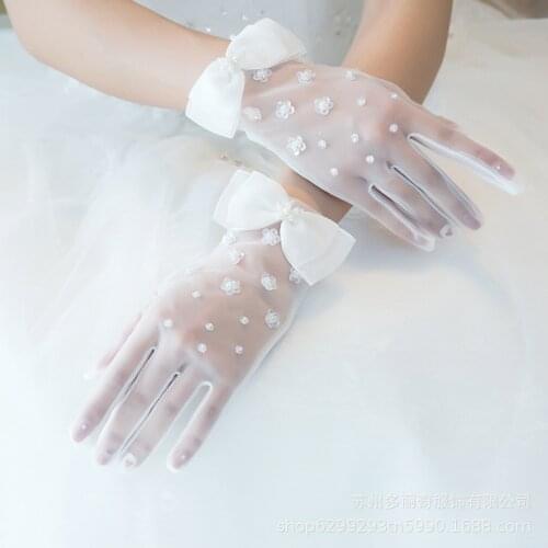Simple Short Spring Summer Mesh Thin Section Gloves Artificial Pearl Bow New Wedding Dress Bride Lace Glove Drop Ship