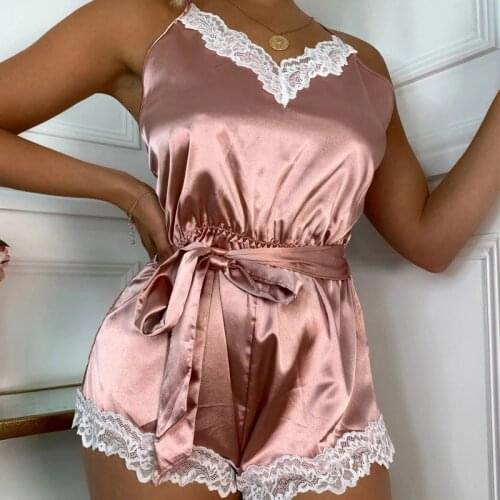 Girls Showing Panties Women Satin Silk V Neck Lace Bodysuit Pink Onsie Woman Pajamas Sexy Jumpsuit One Piece Sleeping Clothes