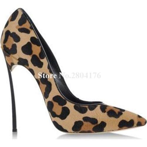 Fashion Brand Design Pointed Toe Suede Leather Stiletto Metal Heel Pumps Leopard 12cm Super High Heels Formal Dress Shoes