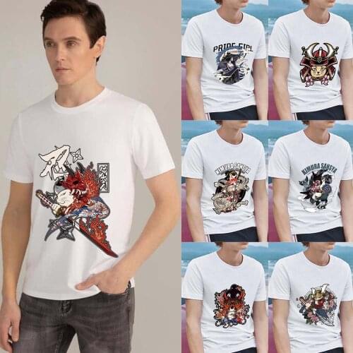 All-match Man Tshirt Harajuku Style White Print Short Sleeve Feature Cartoon Comics Samurai Print Series Tee Shirt Mens Clothes