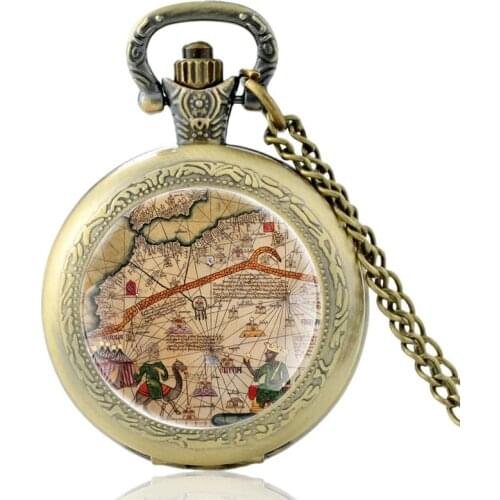 Vintage Old Map of Europe Pattern Bronze Vintage Quartz Pocket Watch Charm Men Women Classic Pendant Necklace Hours Clock Gifts