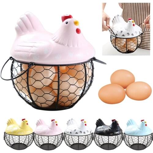 Iron Egg Storage Basket Chicken Shape Ceramic Lid Anti-slip Fruit Organizer With Handle Large Capacity Kitchen Mesh Holder