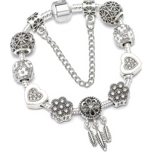 Fashion Silver Color Dreamcatcher Charm Bracelets For Women Fits Original Crystal Flowers LOVE Beads Bracelets Bangle Lover Gift