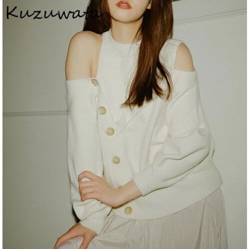 Kuzuwata Japanese Sweet Sweaters 2021 Autumn New Women Jumpers Solid O Neck Sexy Off Shoulder Irregular Button Knitted Pullover