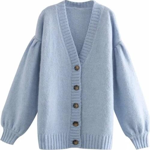Blue Oversized Knitted Cardigan Sweater Women Za 2020 Autumn Winter Fashion Ribbed V Neck Long Puff Sleeve Cute Cardigans Tops