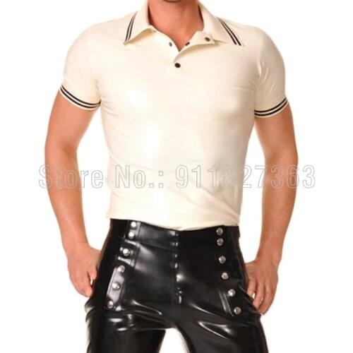 100% Handmade Latex Shirt White w Black Trim polo shirt Short Sleeves Sexy Hot Man Top T-shirt