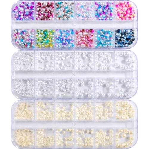 12 Grids Pearl, 6 Size 3D Round Pearls Charming Nail Art White Ivory ornament Loose Beads Studs Manicure DIY Design Gems