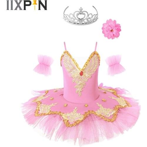 Kids Girls Ballet Dress Sequins Ballet Dance Gymnastics Leotard Tutu Dress Swan Dance Costume Outfit Stage Performance Dancewear