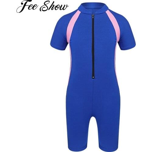 Summer Kids Girls One-piece Swimsuit Short Sleeves Zippered Wetsuit Swimwear Bathing Suit Child Beachwear Shorty Suits