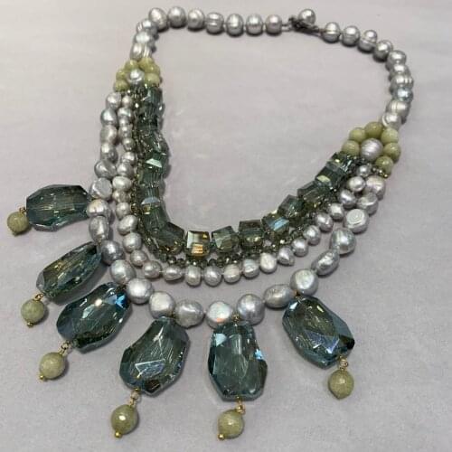 Grey and green color natural fresh water pearl and crystal mixed necklace 50CM multi layers fashion women jewelry only 1 piece