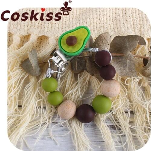 Coskiss Baby Pacifier Chain Beech Wooden Avocado Bracelet Teether Dummy Clip Holder Infants BPA Free Silicone Beads Teething