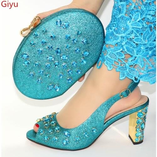 Doershow Italian Shoes with Matching Bags Italian Design blue African Nigeria Shoes and Bag Set for Parties for Women HFY1-16