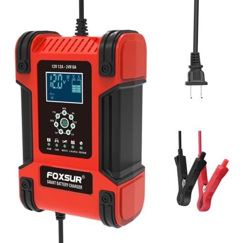 FOXSUR 12V 24V 12A Smart Battery Charger, Car Truck Lead-Acid AGM EFB GEL WET Battery Charger
