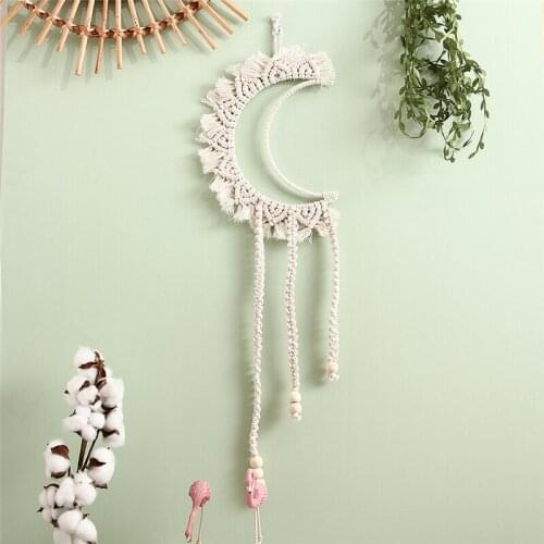 Nordic Boho Tapestry Wall Hanging Ornamnets Handmade Cotton Linen Moon Macrame Decor For Living Room Kid Room Beige Tapestries