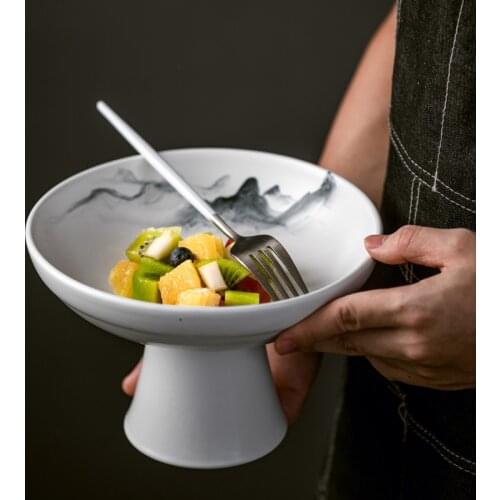 Japanese-style ceramic tall fruit plate home dessert plate creative tray refreshment plate living room snack plate 8 inch Round