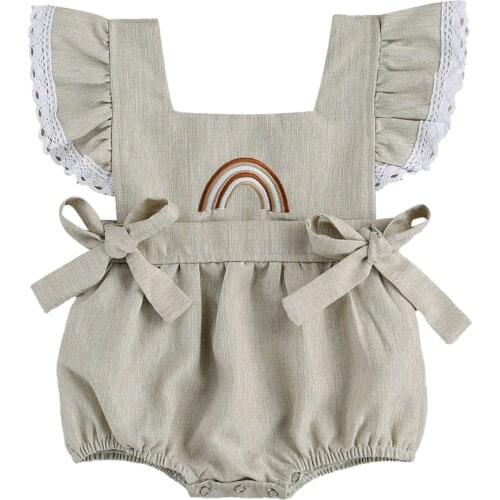 2021 0-18M Newborn Baby Girl Summer Playsuit Rainbow Embroidery Ruffle Short Sleeve Bow Romper Jumpsuit Summer Cute One Piece