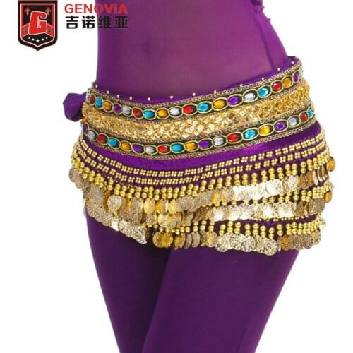 Belly Dance Chain Hip Scarf Skirt Costume Wrap Band Gemstone Velvet 248 Gold Coins