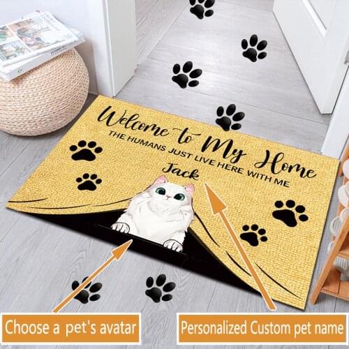 “Wecome To Our Home“ Personalized Custom Cat Door Mat Flannel Entrance Rug Durable Indoor And Outdoor Carpet Non-Slip Doormat