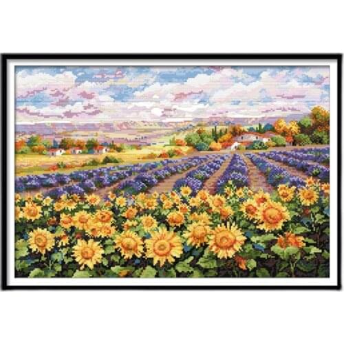 DIY Stamped Printed Cross Stitch Kit,Sets For Embroidery Cross-Stitching Cotton Wall Decoration Needlework Sunflowers Scenery